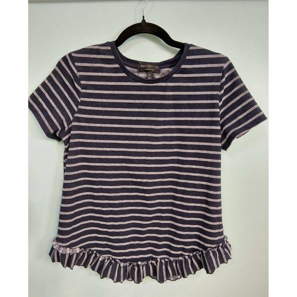 Banana Republic women Navy Stripe Ruffle Top Size Medium Moisture Wicking Cotton - Picture 15 of 15